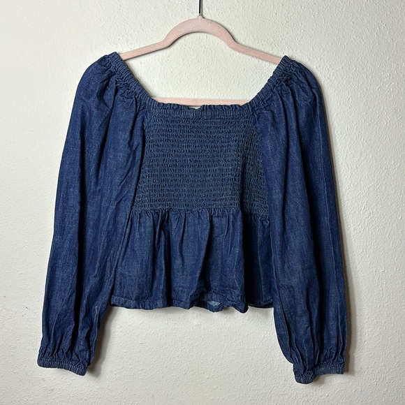 J. Crew puff sleeve chambray smocked top denim blue size small - Picture 5 of 10